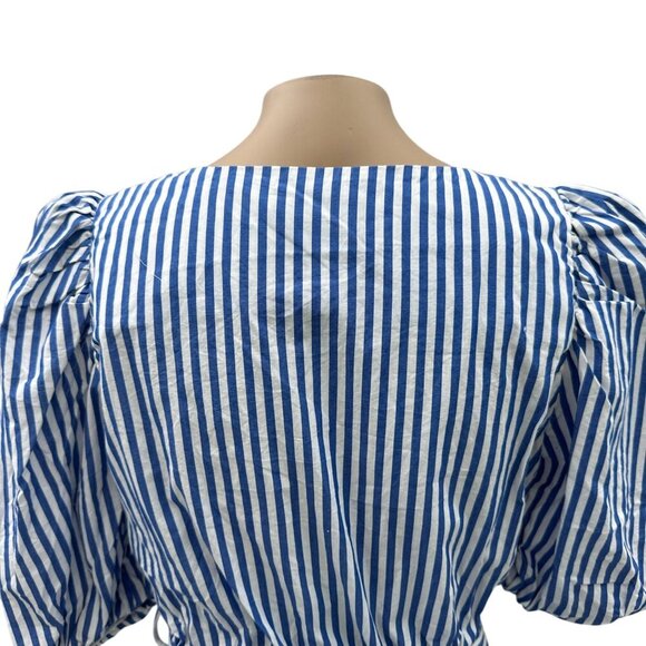 Zara‎ Puff Sleeve Striped Wrap Blouse Rhinestone Belted Waist Blue White Women S - Picture 11 of 12
